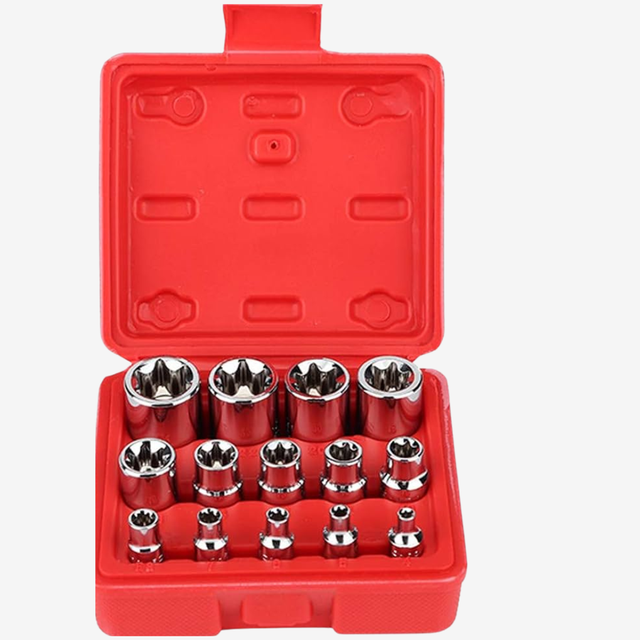 Ensemble de douilles Torx E – 14 pièces (E4 à E24) – Tailles 1/4, 3/8 et 1/2 – Référence YZ4119